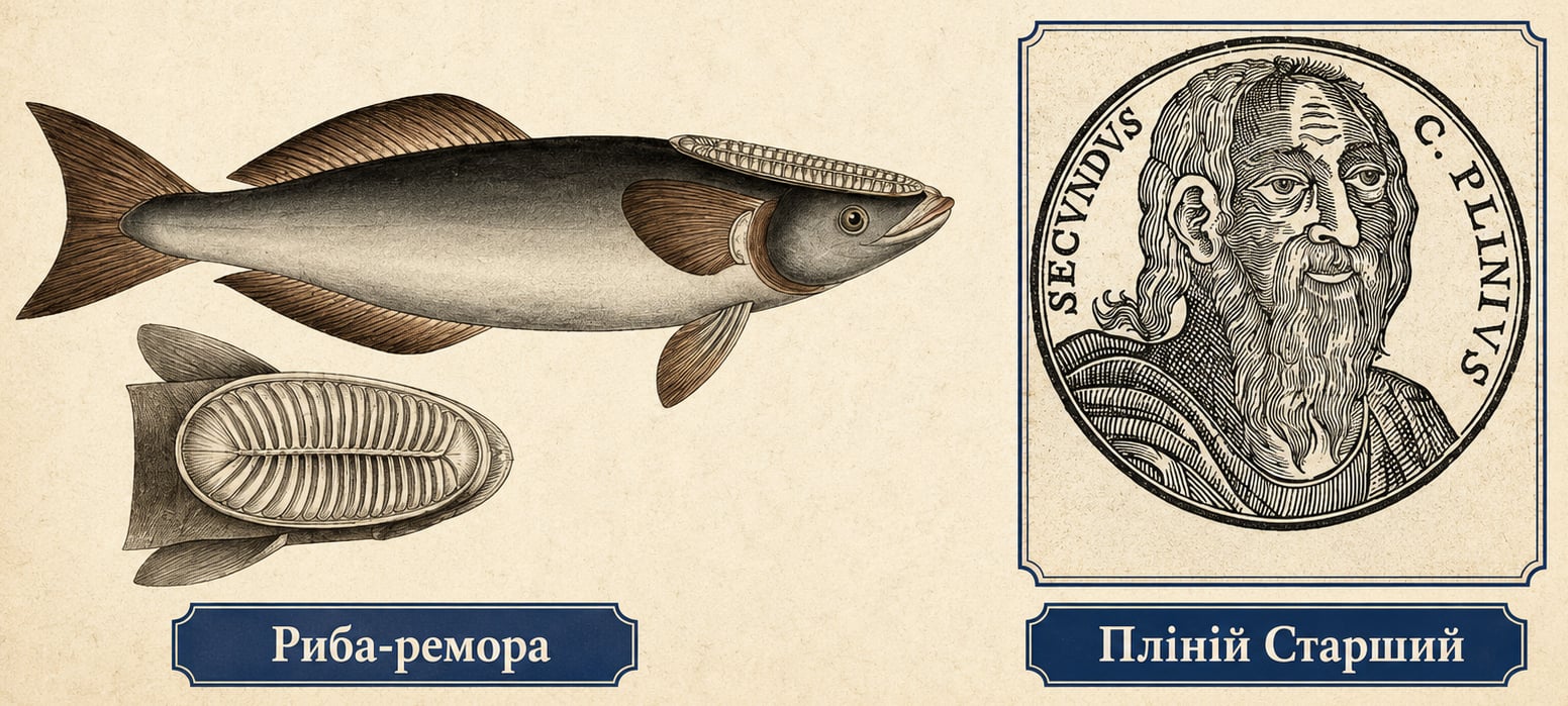 Малюнок-пояснення Плінія Старшого риби ремори / Колаж, створений автором, з використанням 1. Knowable Magazine 2. Media Storehouse Малюнок-пояснення Плінія Старшого риби ремори / Колаж, створений автором, з використанням 1. Knowable Magazine 2. Media Storehouse